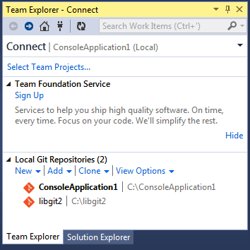 ConectƔndose a un repositorio Git desde el Team Explorer.